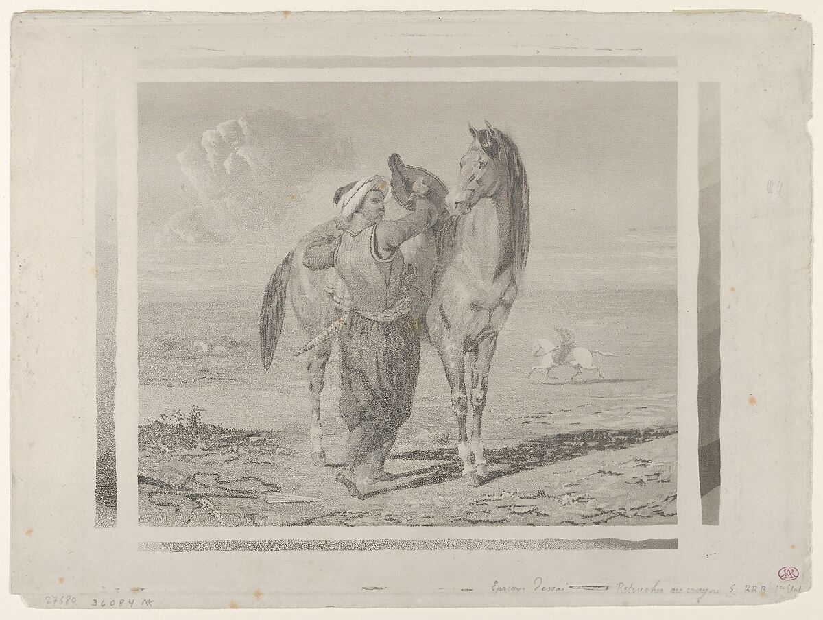 A Turk Saddling His Horse, Eugène Delacroix (French, Charenton-Saint-Maurice 1798–1863 Paris), Aquatint printed in black ink on heavy wove paper, with additions in graphite, by hand; very rare 