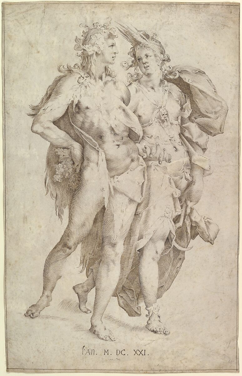 Ceres and Bacchus, Anonymous, Dutch, 17th century (?), Pen and brown and dark brown ink 