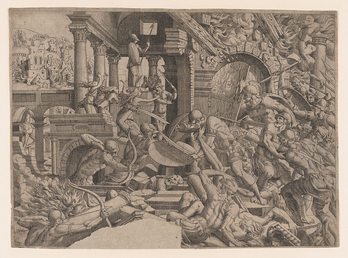 Battle in the Palace of Priam, Jean Mignon (French, active 1535–ca. 1555), Etching 