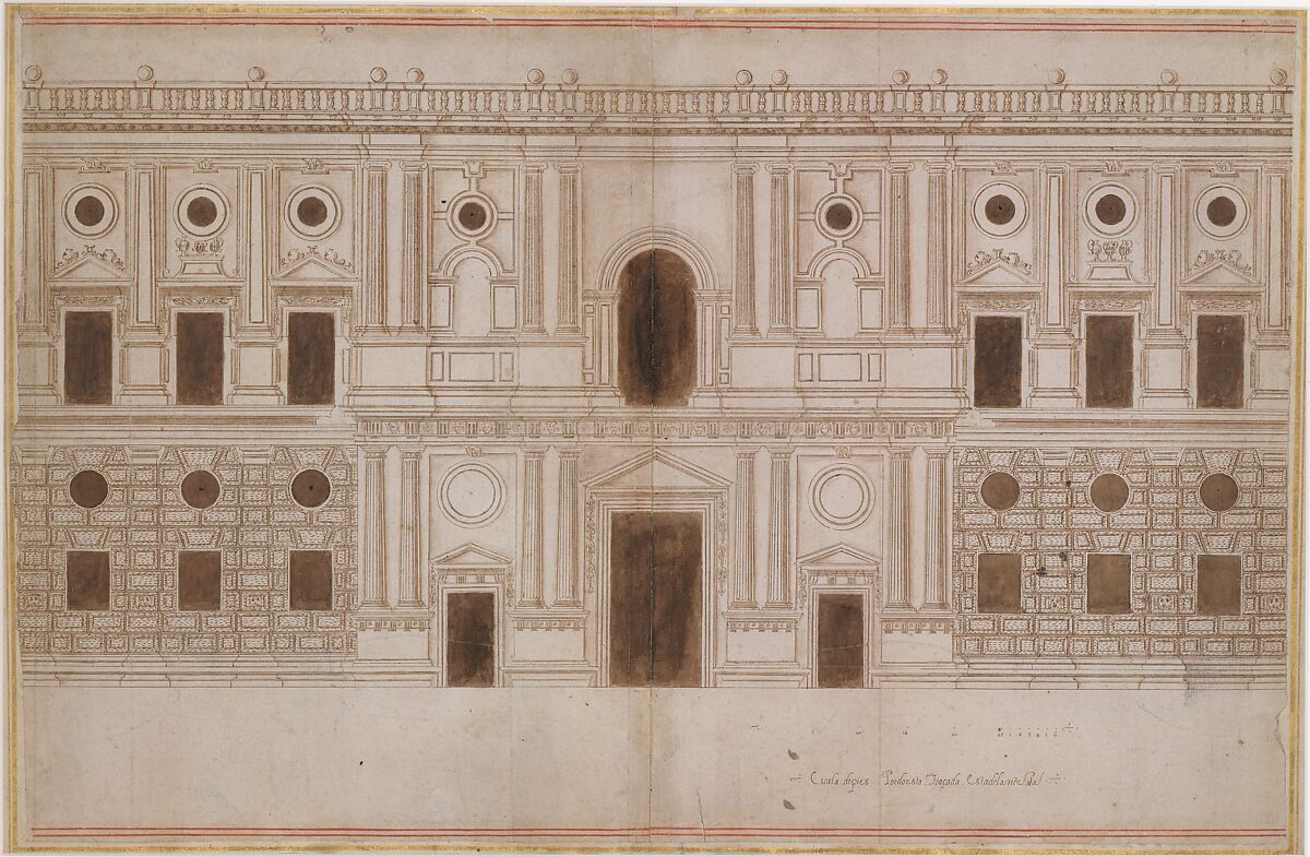 Study for the West Façade of the Palace of Charles V, The Alhambra, Granada, attributed to Juan de Orea (Spanish, born Granada (?), died Granada (?) 1580), Pen and brown ink, brush and brown wash