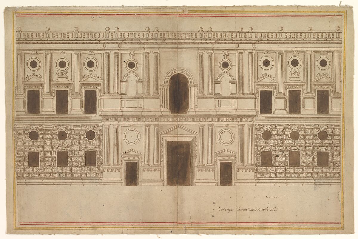 Study for the West Façade of the Palace of Charles V, The Alhambra, Granada, attributed to Juan de Orea (Spanish, born Granada (?), died Granada (?) 1580), Pen and brown ink, brush and brown wash 