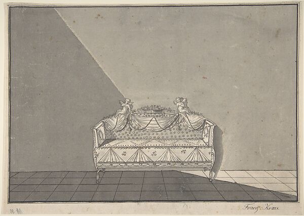 Design for a sofa with putti, Franz Krauß (Austrian, Vienna 1865–1942 Vienna), Pen and black ink, brush and gray wash, over traces of black chalk. 