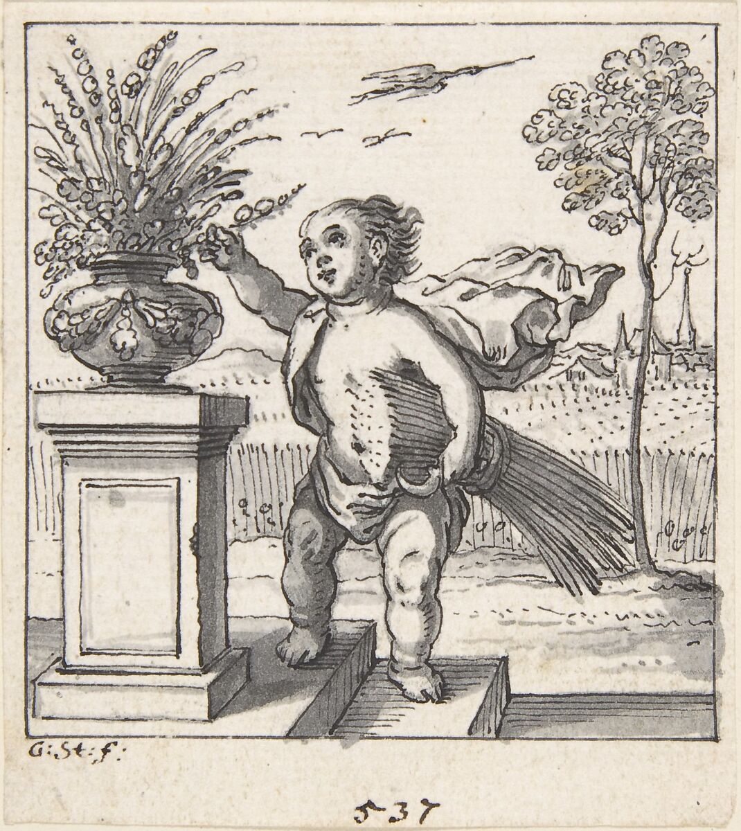 Design for an Emblem with a Child Picking Flowers, Georg Strauch (German, Nuremberg 1613–1675 Nuremberg), Pen and black ink, brush and gray wash. 