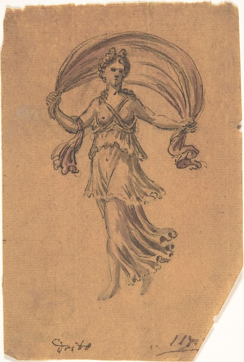 Study of a Classical Female Figure (Night), Anonymous, German, 19th century, Brush and brown and red washes over black chalk (?), touches of pen and black ink on paper discolored brown. 