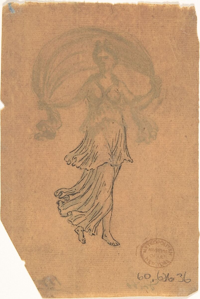 Study of a Classical Female Figure (Night), Anonymous, German, 19th century, Brush and brown and red washes over black chalk (?), touches of pen and black ink on paper discolored brown