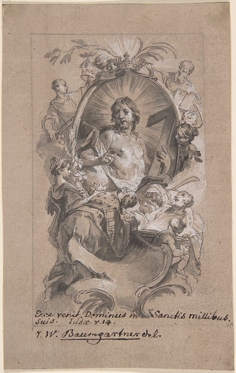 Christ in Glory, Johann Wolfgang Baumgartner (German, Kufstein 1712–1761 Augsburg), Pen and black ink, brush and gray wash, white heightening over traces of black chalk; black chalk framing lines 