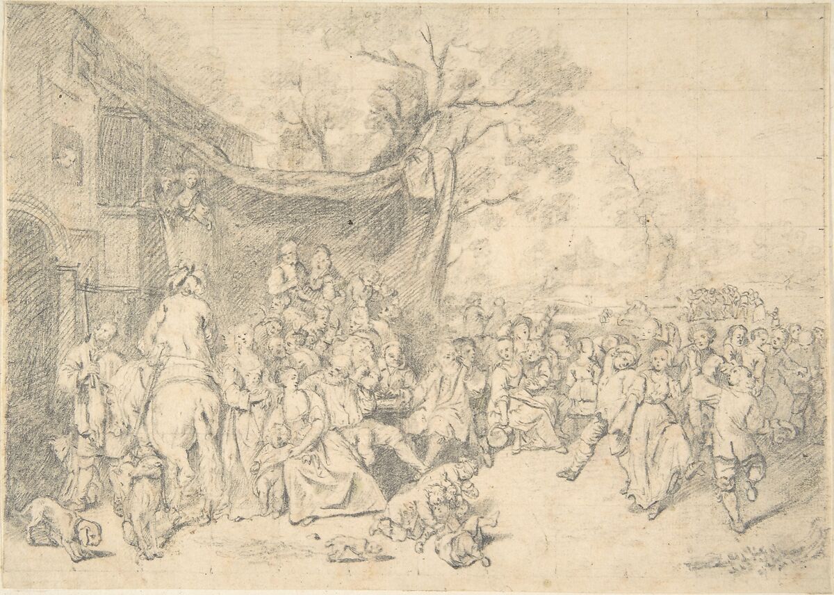 Peasants' Dance Outdoors, Karl Friedrich Wilhelm Richard (German, Hannover ca. 1725–ca. 1770 Hamburg), Graphite on paper. Tacked down to paper mount. Squared for transfer in graphite. 