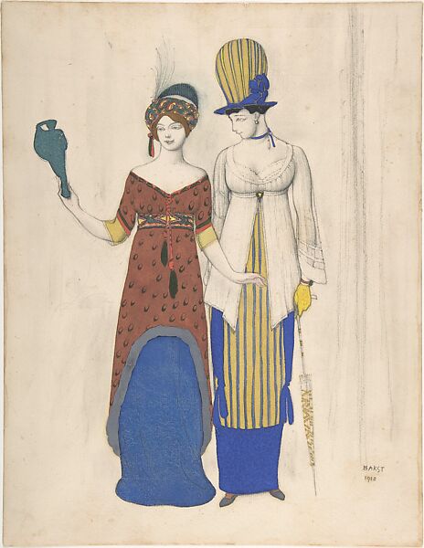 'Fantaisie sur le costume moderne': Two female haute couture figures, Léon Bakst (Russian, Grodno 1866–1924 Paris), Graphite, brush and watercolor and bodycolor 