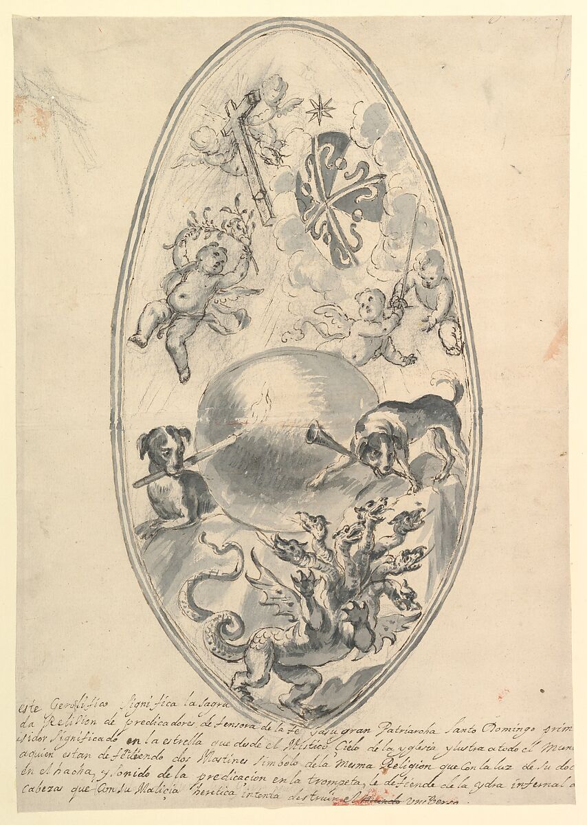 Allegory of Heaven and Hell, Claudio Coello (Spanish, Madrid 1642–1693 Madrid)  , follower of, Pen and brown ink with brush and gray wash over black chalk underdrawing on beige paper.  Composition outlined with brush and gray wash over pen and brown ink, in oval shape, with double outlines.  Text written in pen and dark brown ink over black chalk below composition 