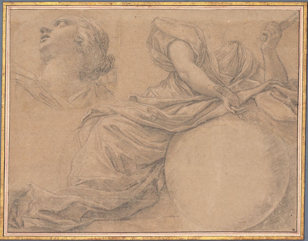 Study for the Muse Urania, Michel Dorigny (French, Saint-Quentin 1616/17–1665 Paris), Black chalk, heightened with white 