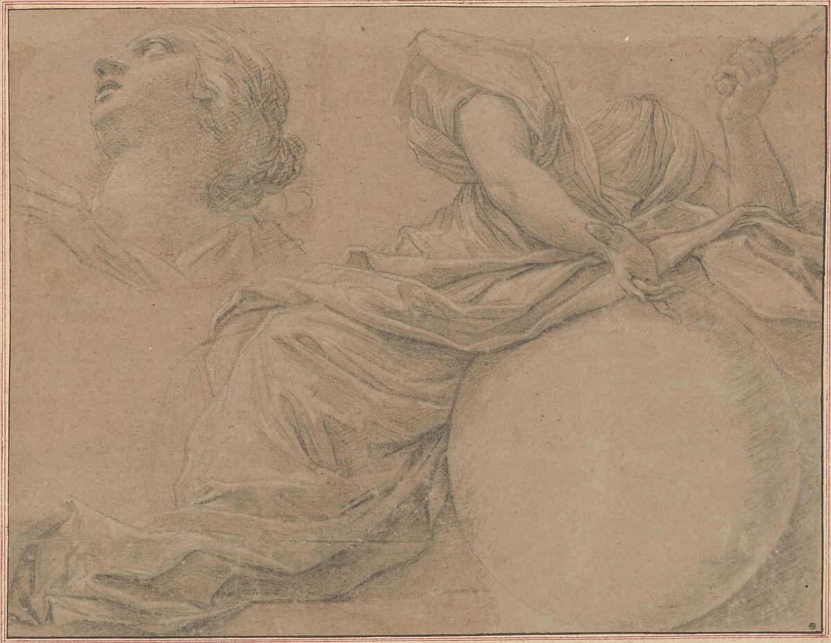 Study for the Muse Urania, Michel Dorigny (French, Saint-Quentin 1616/17–1665 Paris), Black chalk, heightened with white
