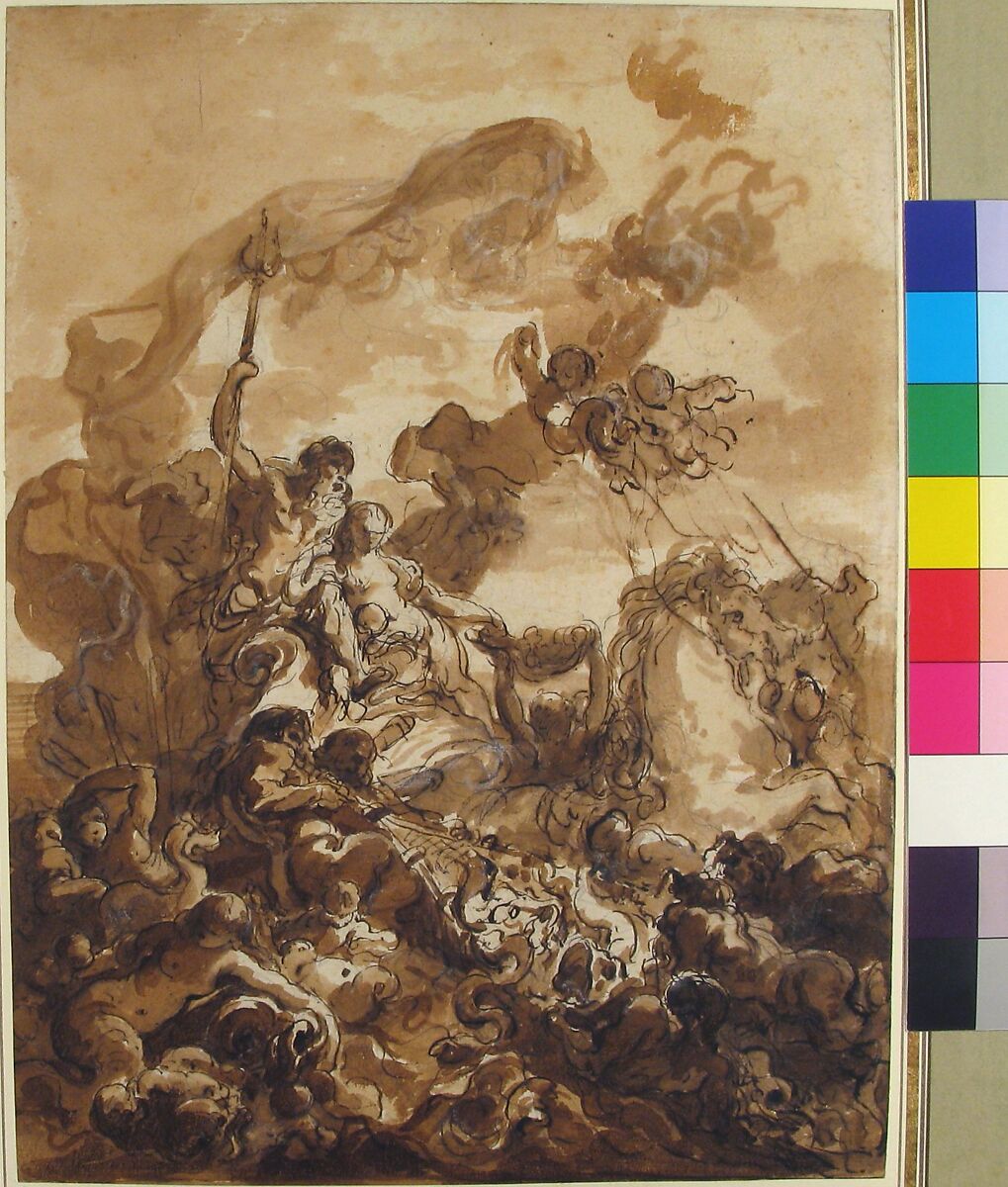 Allegory of Fishery:  Neptune and Amphitrite, Gabriel François Doyen (French, Paris 1726–1806 St. Petersburg), Pen and brown ink, brush and brown wash, heightened with touches of white gouache, over graphite