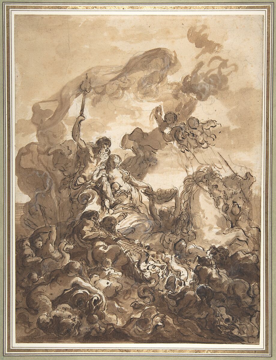 Allegory of Fishery:  Neptune and Amphitrite, Gabriel François Doyen (French, Paris 1726–1806 St. Petersburg), Pen and brown ink, brush and brown wash, heightened with touches of white gouache, over graphite 
