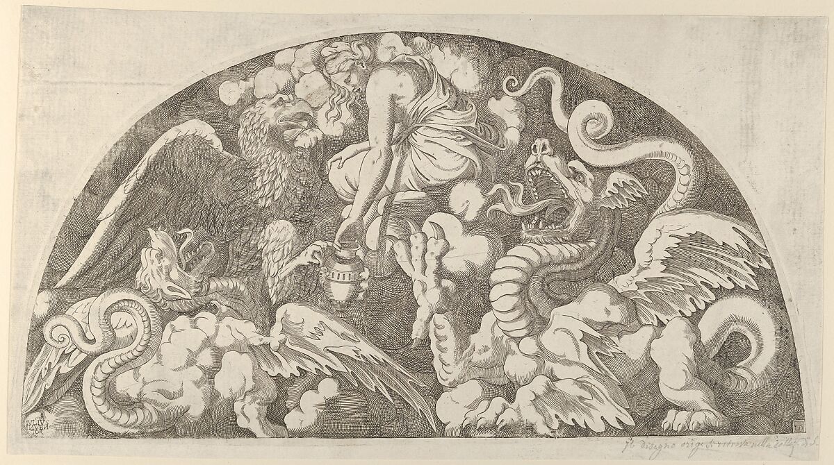 Jupiter's Eagle Bringing the Water to the Styx to Psyche, Léon Davent (French, active 1540–56), Engraving 
