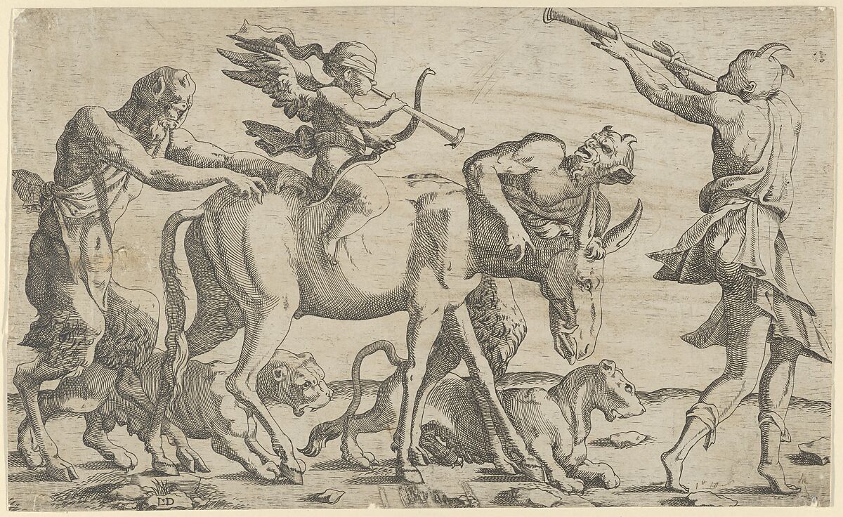 Cupid being led blindfolded on a donkey, Léon Davent (French, active 1540–56), Engraving 