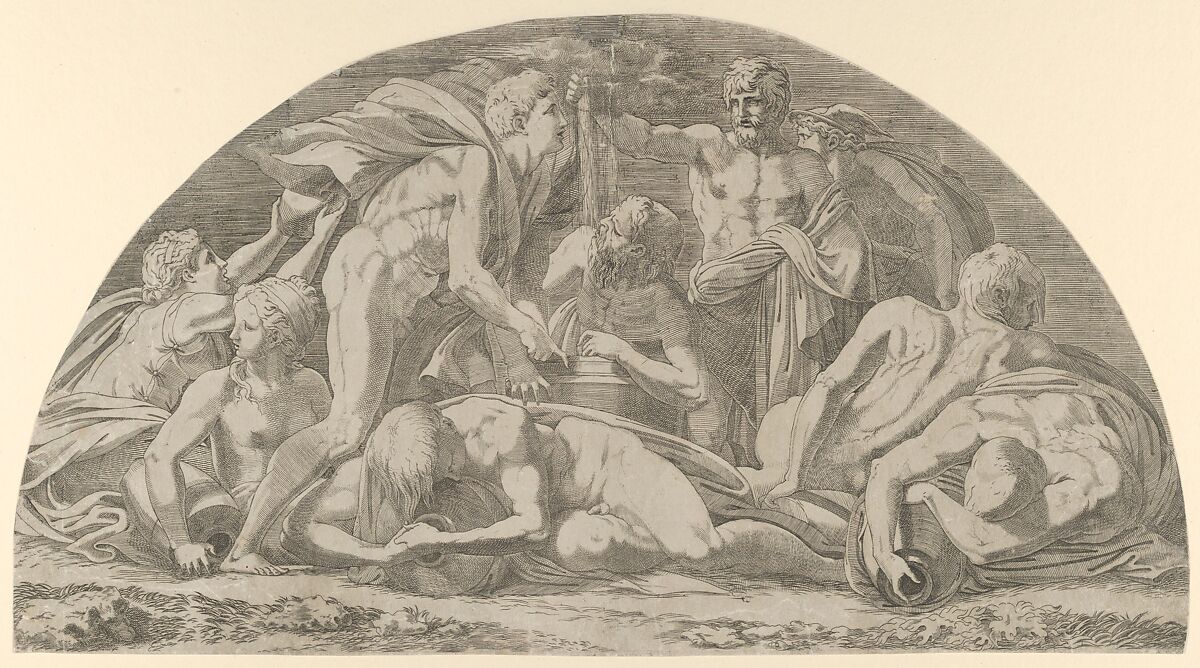 Jupiter Pressing the Stormclouds, Léon Davent (French, active 1540–56), Engraving 