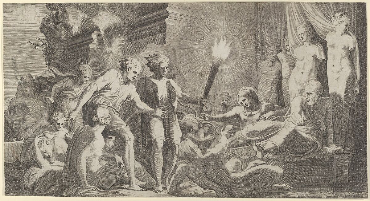 Hercules surprising Fanus who mistook him for Omphale, Léon Davent (French, active 1540–56), Engraving 