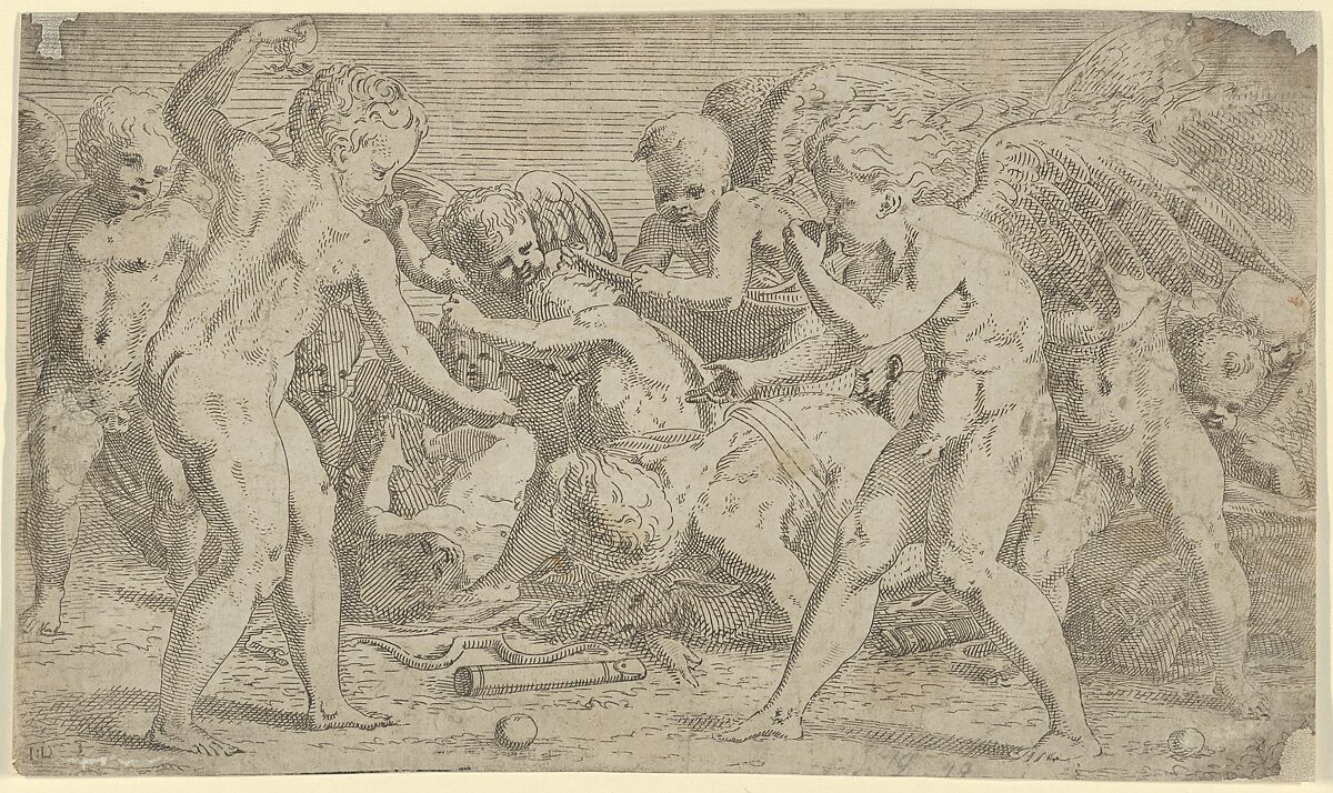 Putti playing, Léon Davent (French, active 1540–56), Etching 