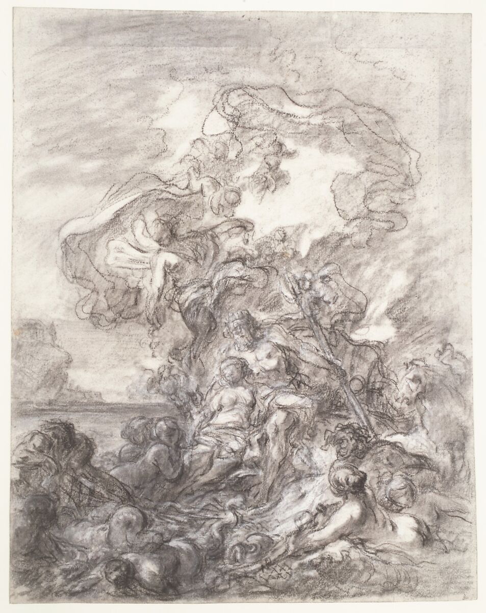 Allegory of Fishery: Neptune and Amphitrite, Gabriel François Doyen (French, Paris 1726–1806 St. Petersburg), Charcoal, stumped, black chalk, heightened with white