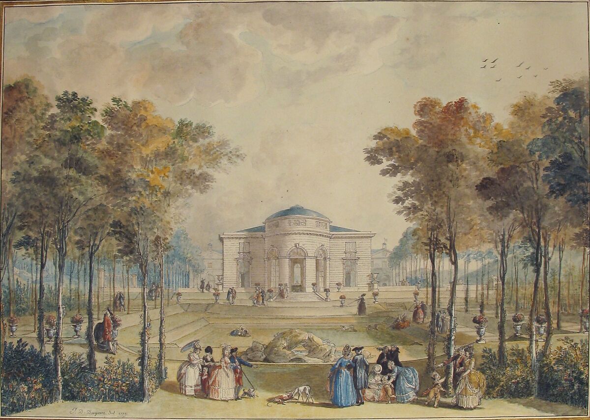 The Garden Façade of Bagatelle, Jean Démosthène Dugourc (French, Versailles 1749–1825 Paris), Pen and black ink, watercolor, over traces of black chalk