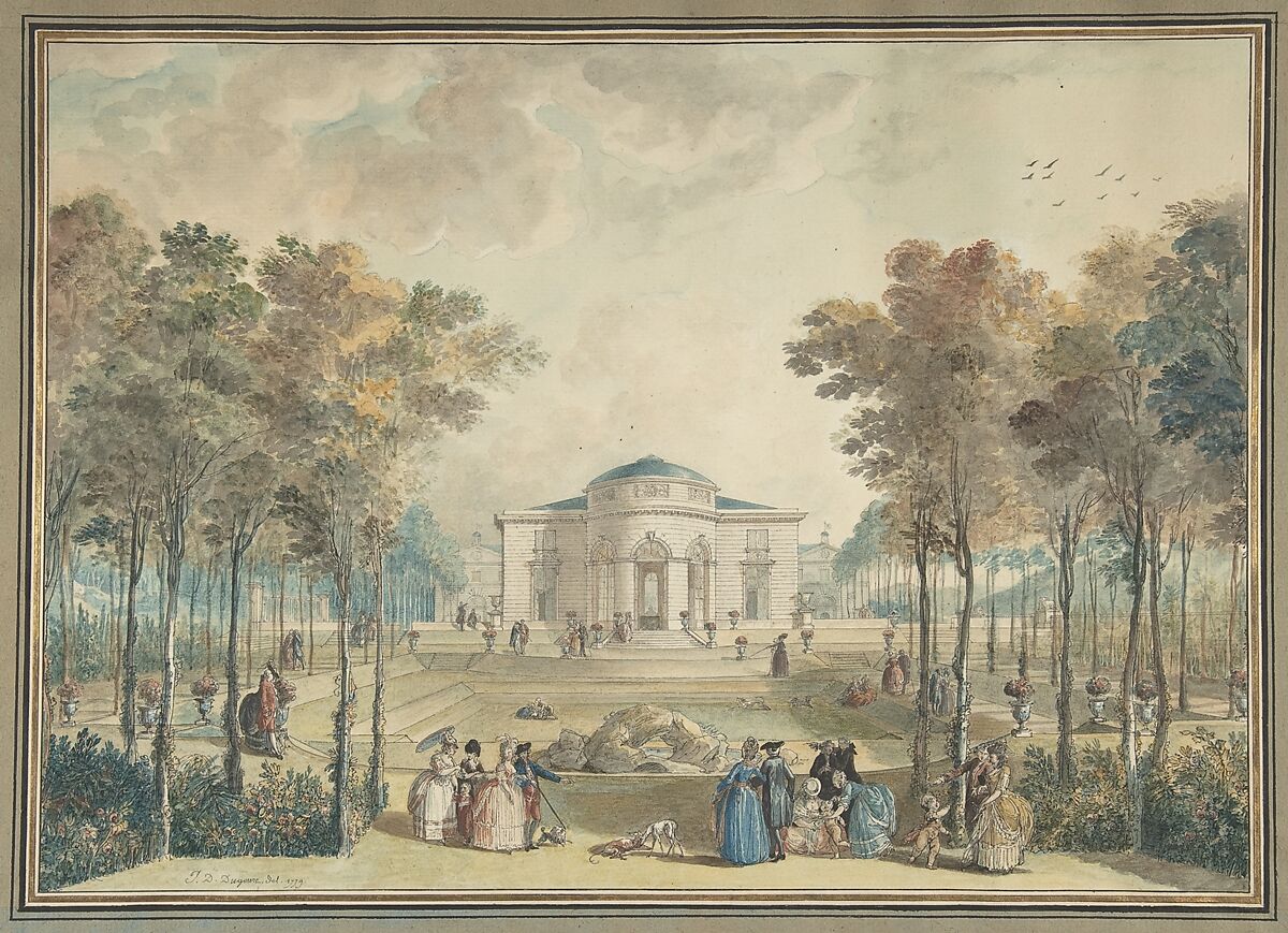 The Garden Façade of Bagatelle, Jean Démosthène Dugourc (French, Versailles 1749–1825 Paris), Pen and black ink, watercolor, over traces of black chalk 