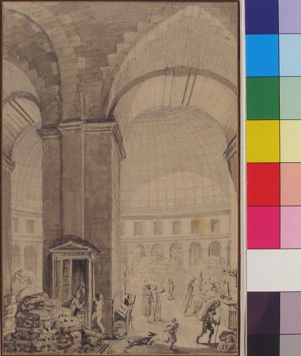 Interior of Halle aux Blés, Paris [The Corn Exchange], Jean Démosthène Dugourc (French, Versailles 1749–1825 Paris), Pen, brown ink, gray wash over graphite