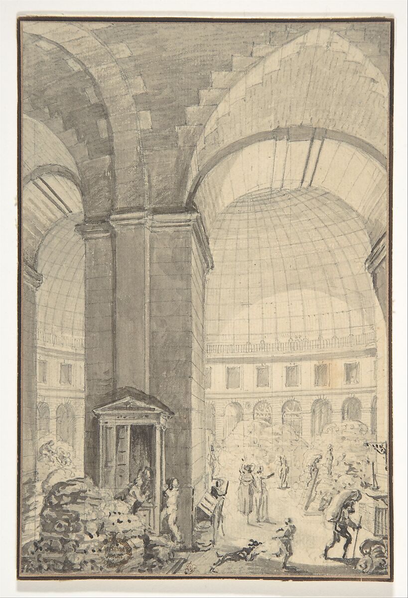 Interior of Halle aux Blés, Paris [The Corn Exchange], Jean Démosthène Dugourc (French, Versailles 1749–1825 Paris), Pen, brown ink, gray wash over graphite 