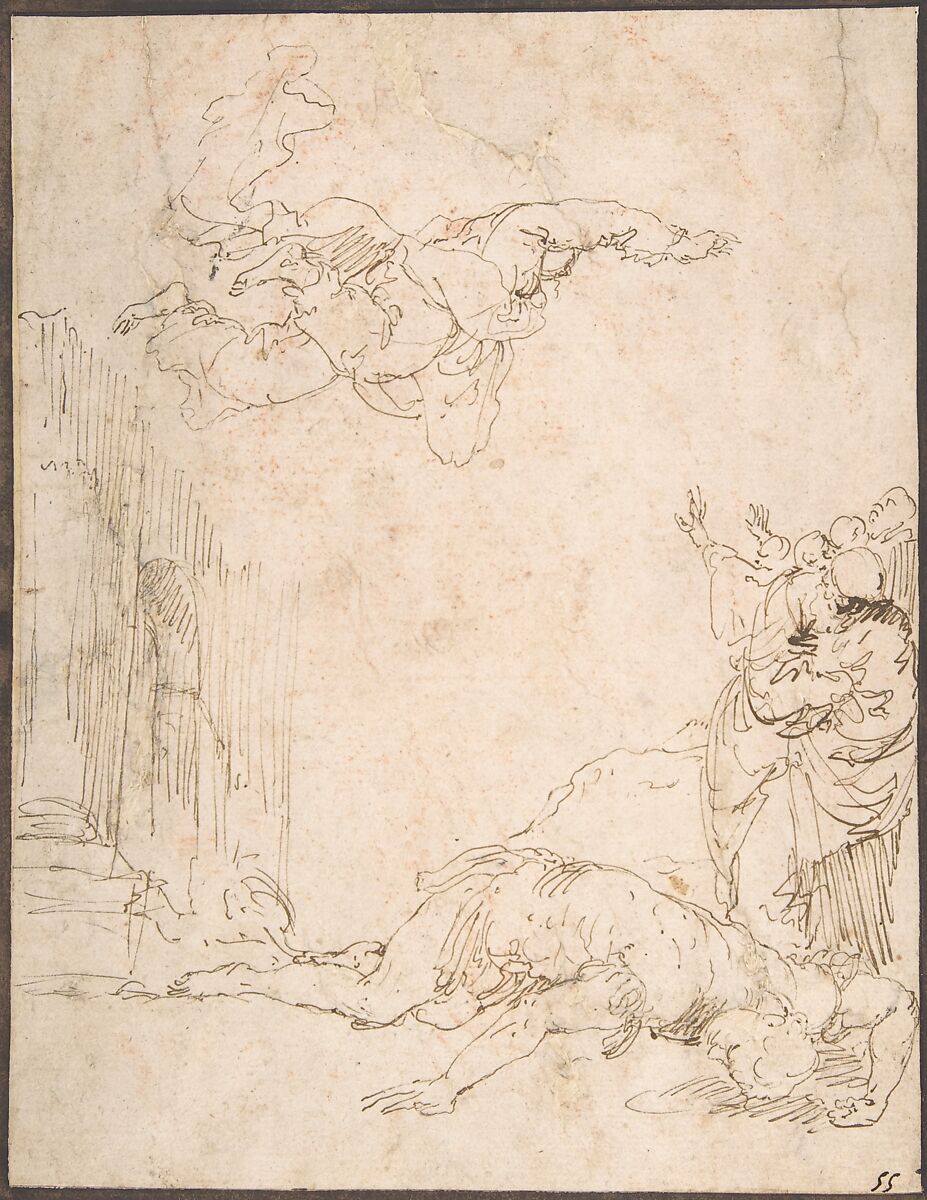 Unidentified Scene: Figures Watching a Fallen Giant and Another Figure Levitating, Jusepe de Ribera (called Lo Spagnoletto) (Spanish, Játiva 1591–1652 Naples), Pen and brown ink on off-white paper.  Sheet is set into a thin mat (with annotations on the mat) 