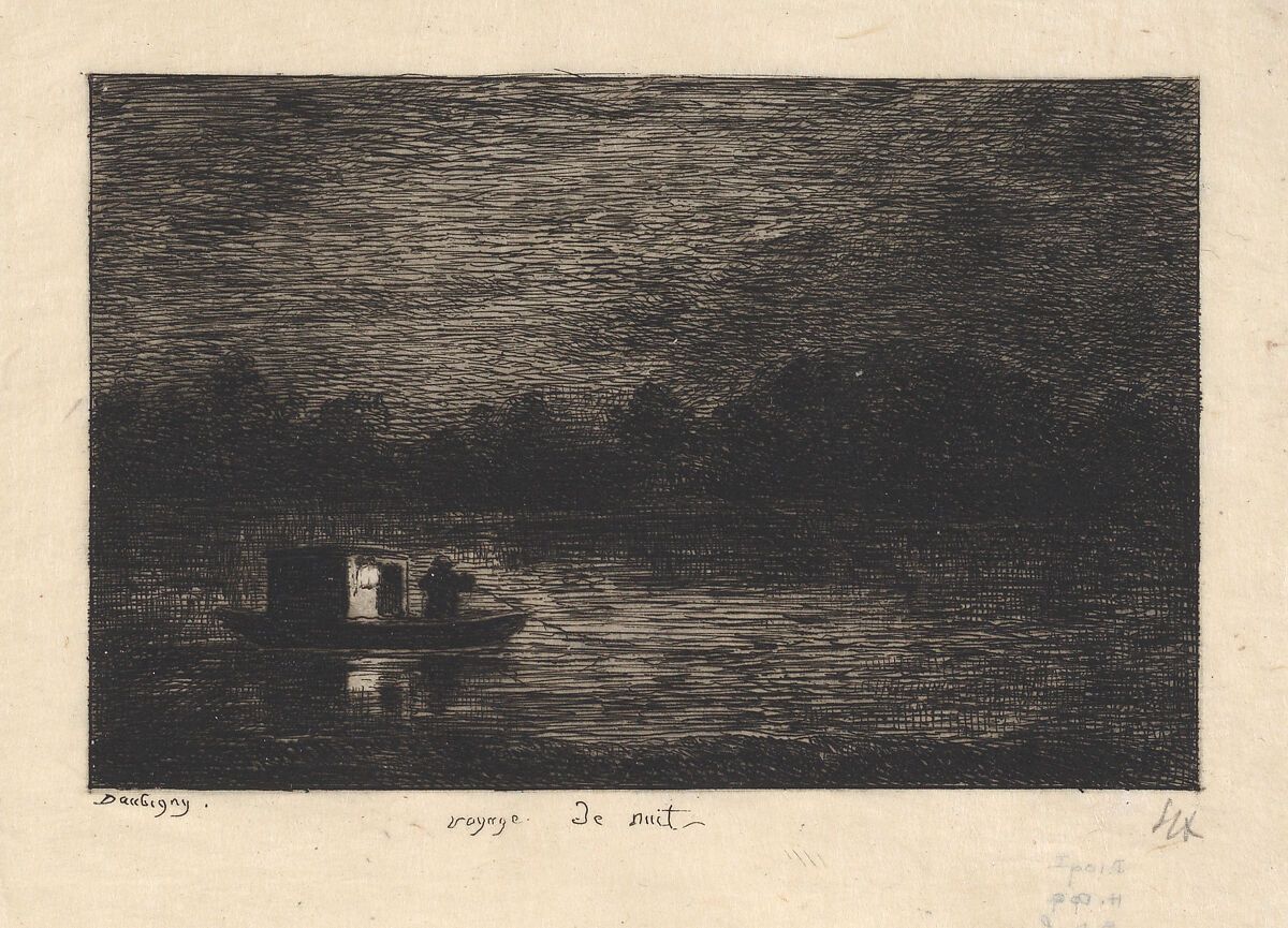 Night Voyage, from "Voyage en Bateau", Charles-François Daubigny (French, Paris 1817–1878 Paris), Etching; first state of three (Delteil)