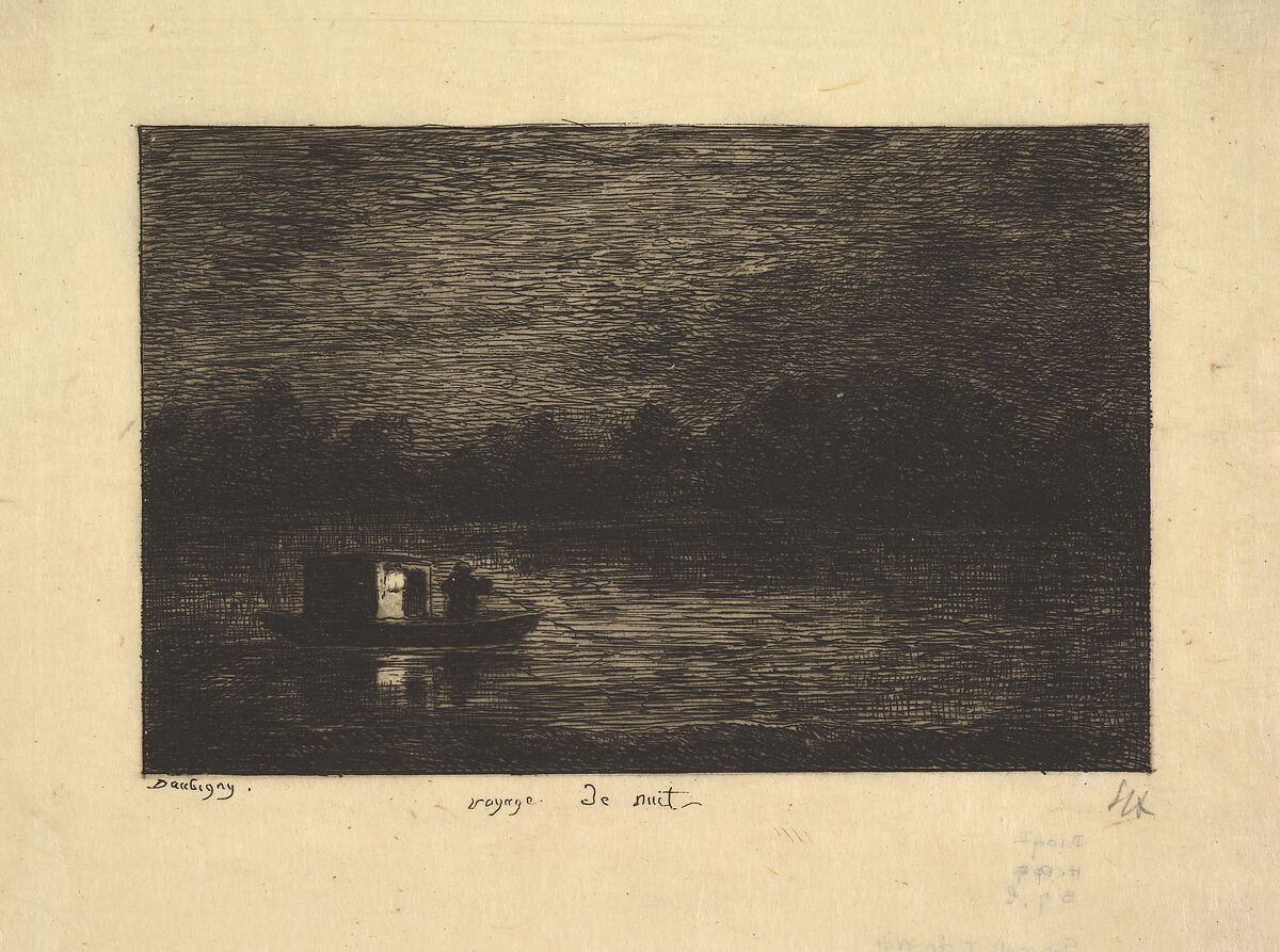 Night Voyage, from "Voyage en Bateau", Charles-François Daubigny (French, Paris 1817–1878 Paris), Etching; first state of three (Delteil) 