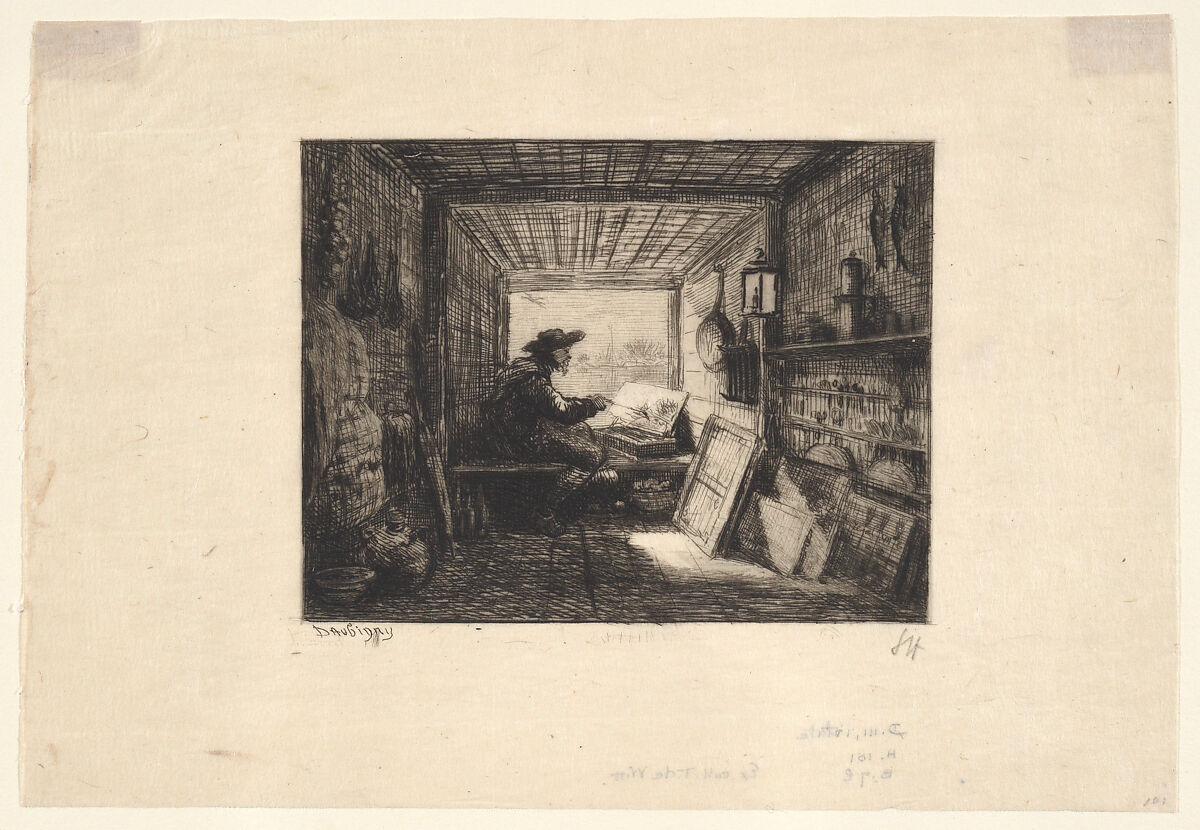 The Boat Studio, plate 11 from "Voyage en Bateau", Charles-François Daubigny (French, Paris 1817–1878 Paris), Etching; first state of two (Delteil)