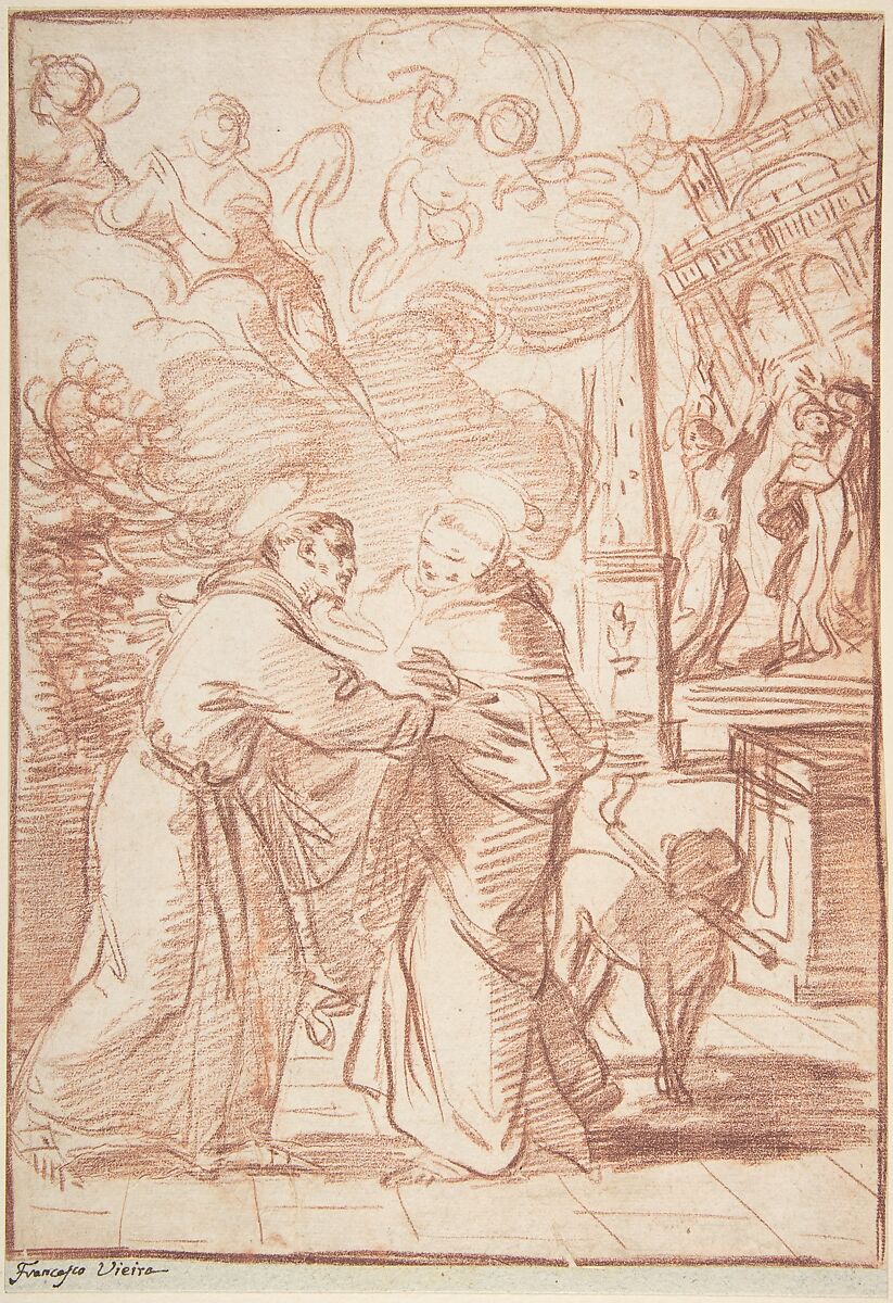 Saint Francis Meeting Saint Dominic, Francisco Vieira de Mattos (Il Lusitano) (Portuguese, Lisbon 1699–1783 Lisbon), Red chalk on off-white paper. 