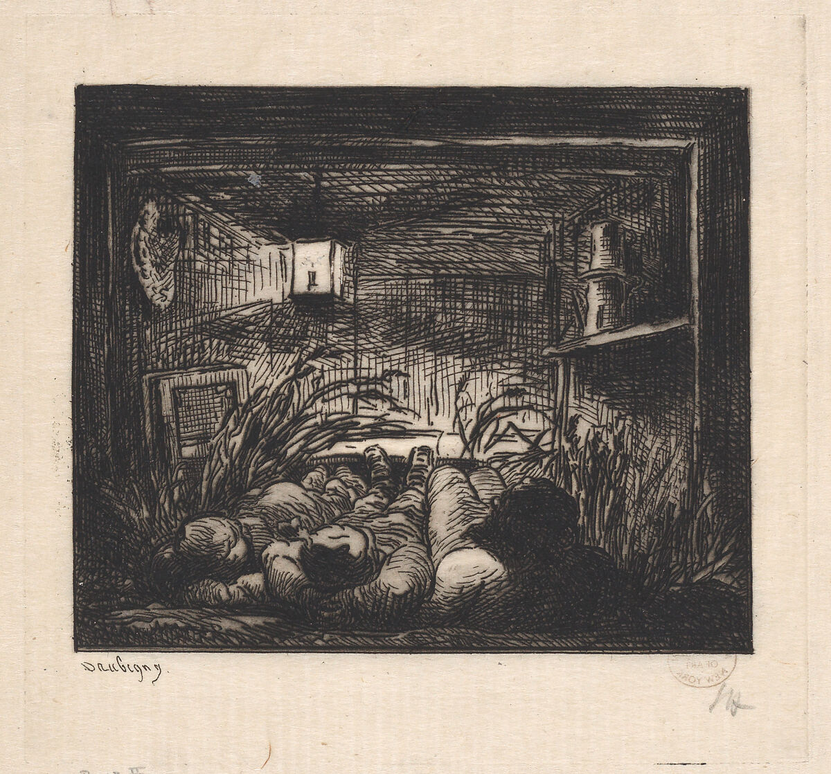 Sleeping on Board the Boat, Charles-François Daubigny (French, Paris 1817–1878 Paris), Etching; second state of three (Delteil)