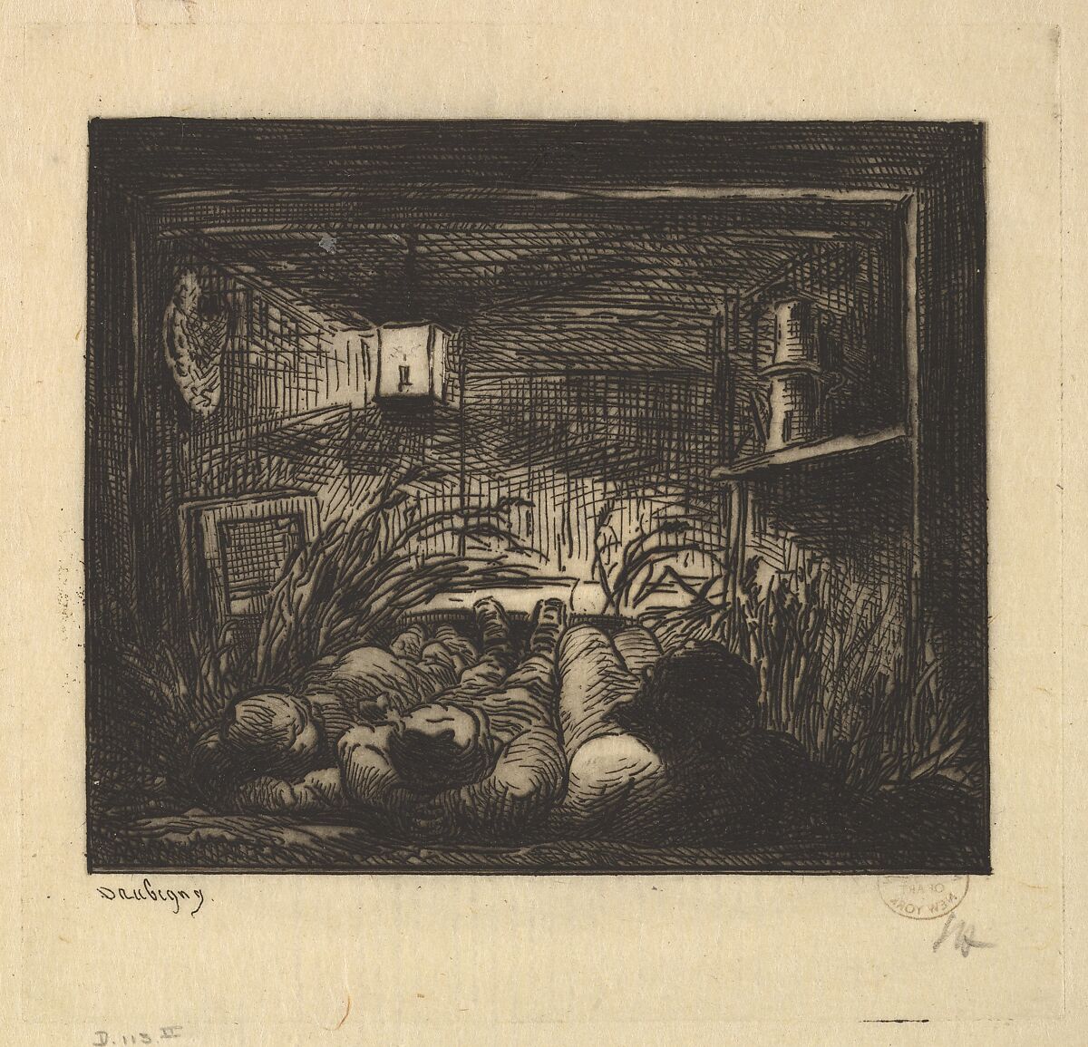 Sleeping on Board the Boat, Charles-François Daubigny (French, Paris 1817–1878 Paris), Etching; second state of three (Delteil) 