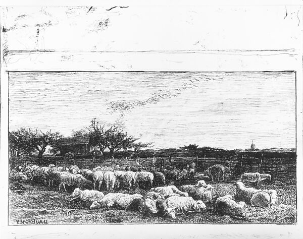 The Sheep Meadow, Charles-François Daubigny (French, Paris 1817–1878 Paris), Cliché-verre; second state of two (ed. 1921)