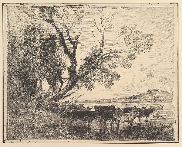 Cattle Crossing at the Ford, Charles-François Daubigny (French, Paris 1817–1878 Paris), Cliché-verre (ed. 1921) 