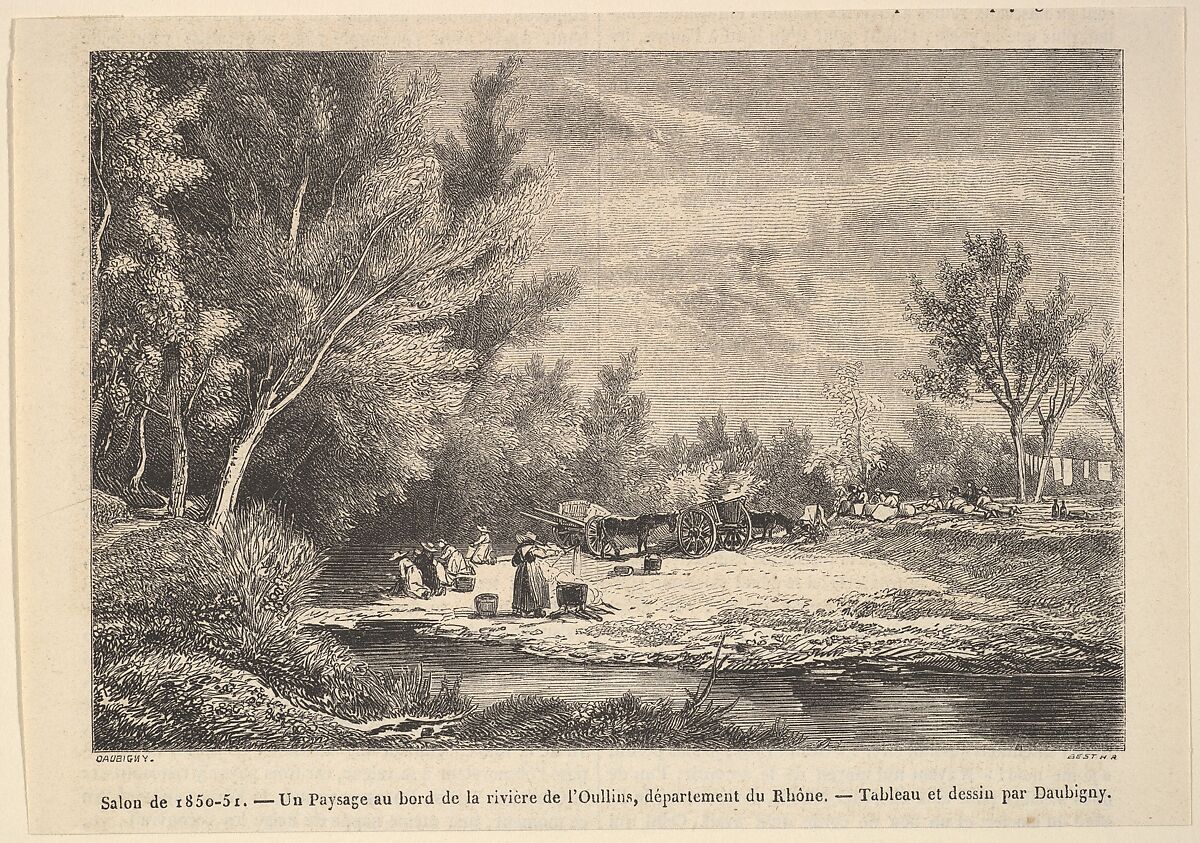 Salon de 1850-51. Landscape along the shores of the river Oullins, After Charles-François Daubigny (French, Paris 1817–1878 Paris), Wood engraving 