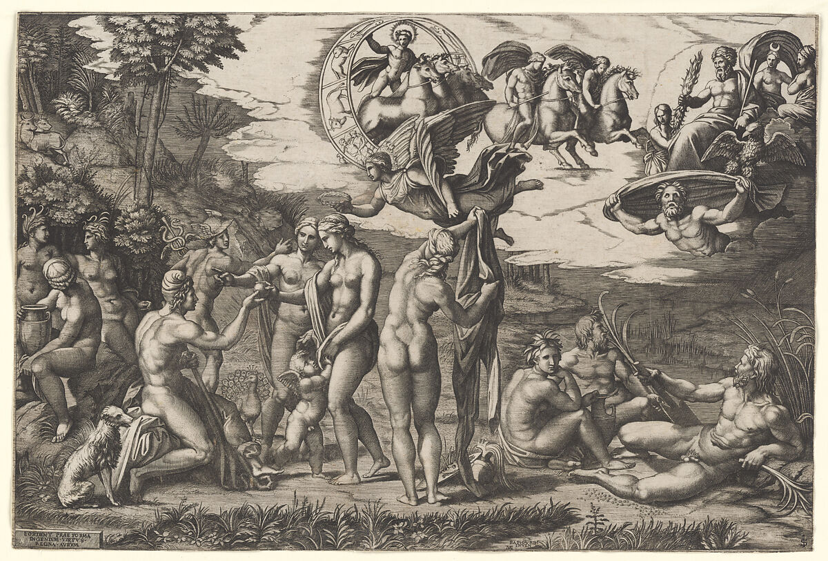 The Judgment of Paris; he is sitting at left with Venus, Juno and Pallas Athena, a winged victory above; in the upper section the Sun in his chariot preceeded by Castor and Pollux on horseback; at lower right two river gods and a naiad above whom Jupiter, an eagle, Ganymede, Diana and another Goddess, Marcantonio Raimondi (Italian, Argini (?) ca. 1480–before 1534 Bologna (?)), Engraving 