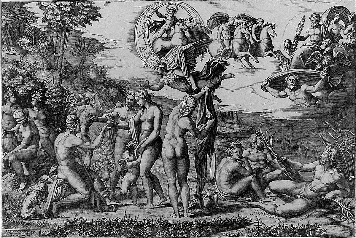 The Judgment of Paris: he is sitting at left with Venus, Juno and Pallas Athena, a winged victory above. In the upper section the Sun in his chariot preceeded by Castor and Pollux on horseback, at lower right two river gods and a naiad above whom Jupiter, an eagle, Ganymede, Diana and another goddess, Marcantonio Raimondi (Italian, Argini (?) ca. 1480–before 1534 Bologna (?)), Engraving