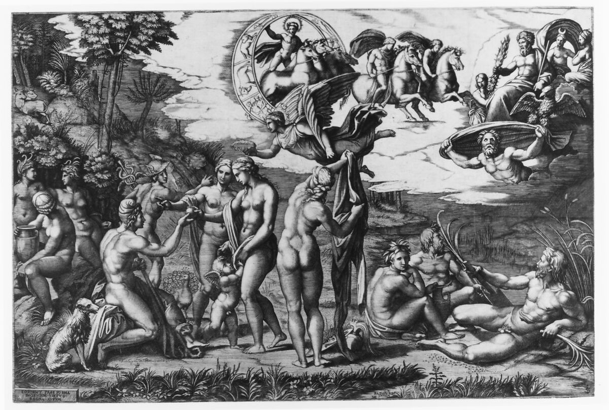 The Judgment of Paris: he is sitting at left with Venus, Juno and Pallas Athena, a winged victory above. In the upper section the Sun in his chariot preceeded by Castor and Pollux on horseback, at lower right two river gods and a naiad above whom Jupiter, an eagle, Ganymede, Diana and another goddess, Marcantonio Raimondi (Italian, Argini (?) ca. 1480–before 1534 Bologna (?)), Engraving