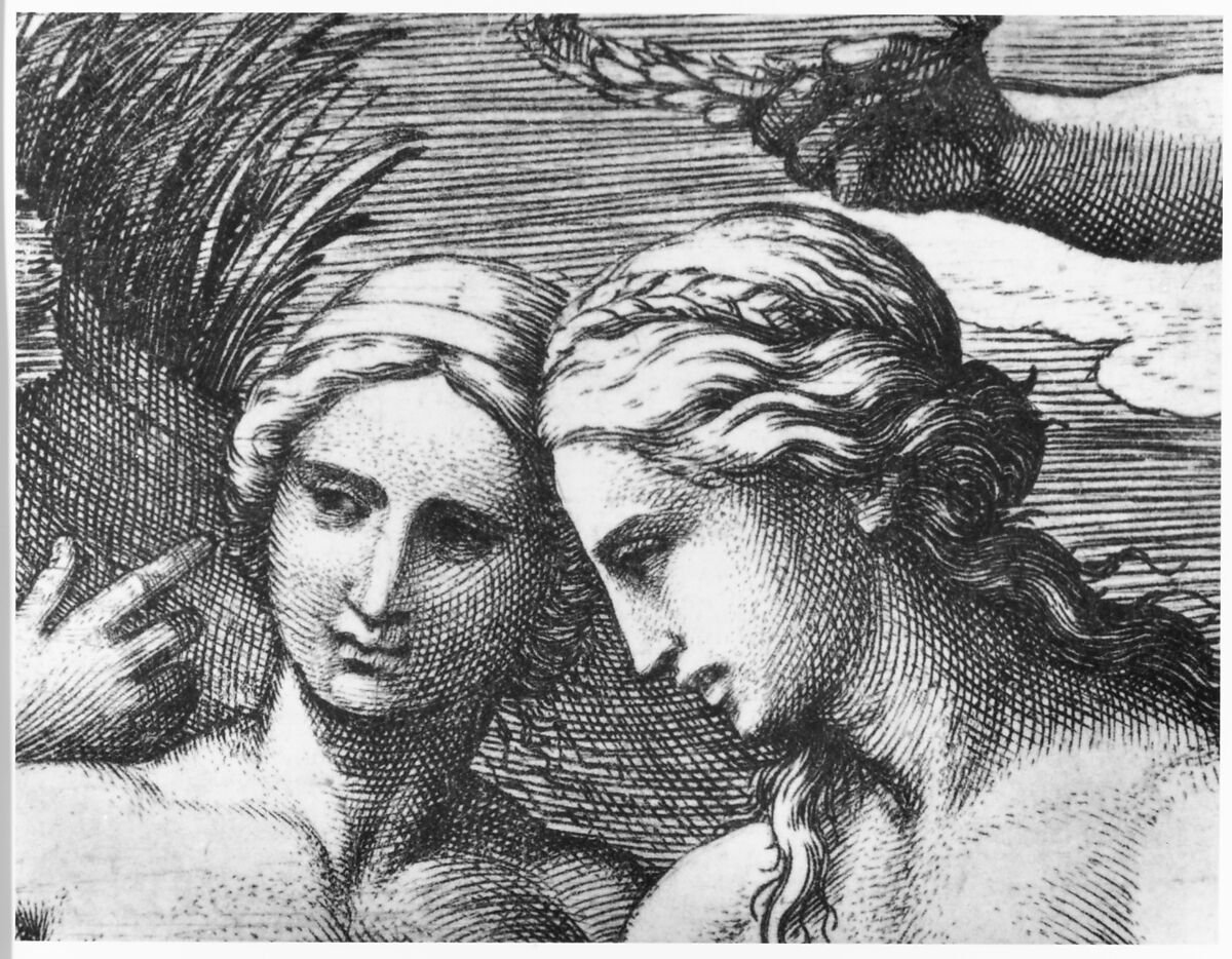 The Judgment of Paris: he is sitting at left with Venus, Juno and Pallas Athena, a winged victory above. In the upper section the Sun in his chariot preceeded by Castor and Pollux on horseback, at lower right two river gods and a naiad above whom Jupiter, an eagle, Ganymede, Diana and another goddess, Marcantonio Raimondi (Italian, Argini (?) ca. 1480–before 1534 Bologna (?)), Engraving