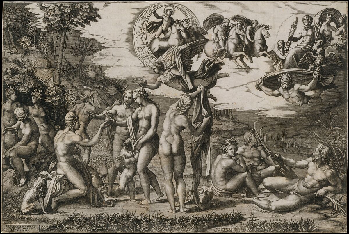 The Judgment of Paris: he is sitting at left with Venus, Juno and Pallas Athena, a winged victory above. In the upper section the Sun in his chariot preceeded by Castor and Pollux on horseback, at lower right two river gods and a naiad above whom Jupiter, an eagle, Ganymede, Diana and another goddess, Marcantonio Raimondi (Italian, Argini (?) ca. 1480–before 1534 Bologna (?)), Engraving