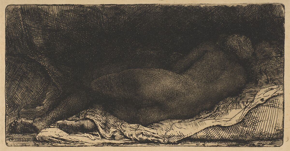 Reclining Female Nude, Rembrandt (Rembrandt van Rijn) (Dutch, Leiden 1606–1669 Amsterdam), Etching, drypoint, and engraving on japan paper; second of six states 