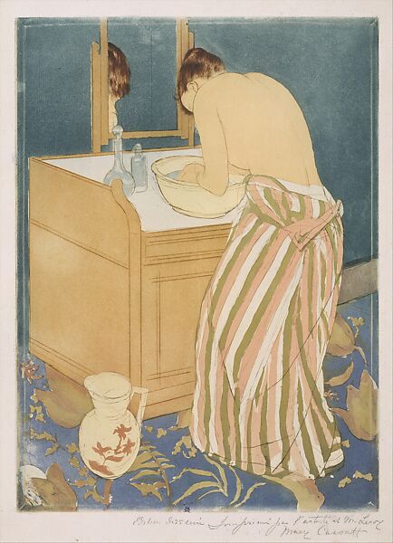 Woman Bathing (La Toilette), Mary Cassatt (American, Pittsburgh, Pennsylvania 1844–1926 Le Mesnil-Théribus, Oise), Drypoint and aquatint, printed in color from three plates; fourth state of four (Mathews & Shapiro) 