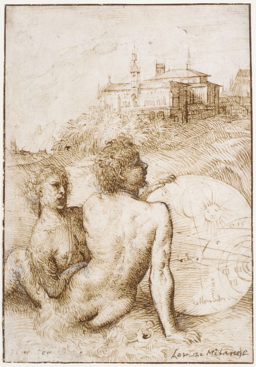 Two Satyrs in a Landscape, Titian (Tiziano Vecellio) (Italian, Pieve di Cadore ca. 1485/90?–1576 Venice), Pen and brown ink, highlighted with white gouache on fine, off-white laid paper