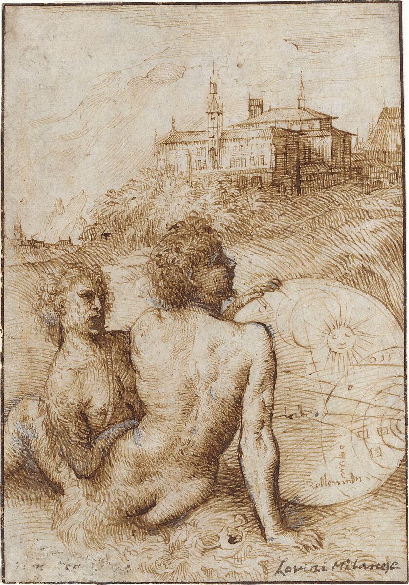 Two Satyrs in a Landscape, Titian (Tiziano Vecellio) (Italian, Pieve di Cadore ca. 1485/90?–1576 Venice), Pen and brown ink, highlighted with white gouache on fine, off-white laid paper