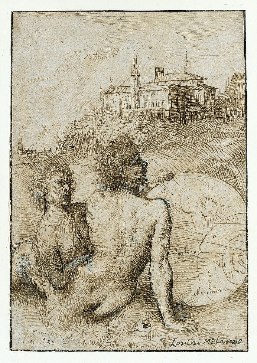 Two Satyrs in a Landscape, Titian (Tiziano Vecellio) (Italian, Pieve di Cadore ca. 1485/90?–1576 Venice), Pen and brown ink, highlighted with white gouache on fine, off-white laid paper