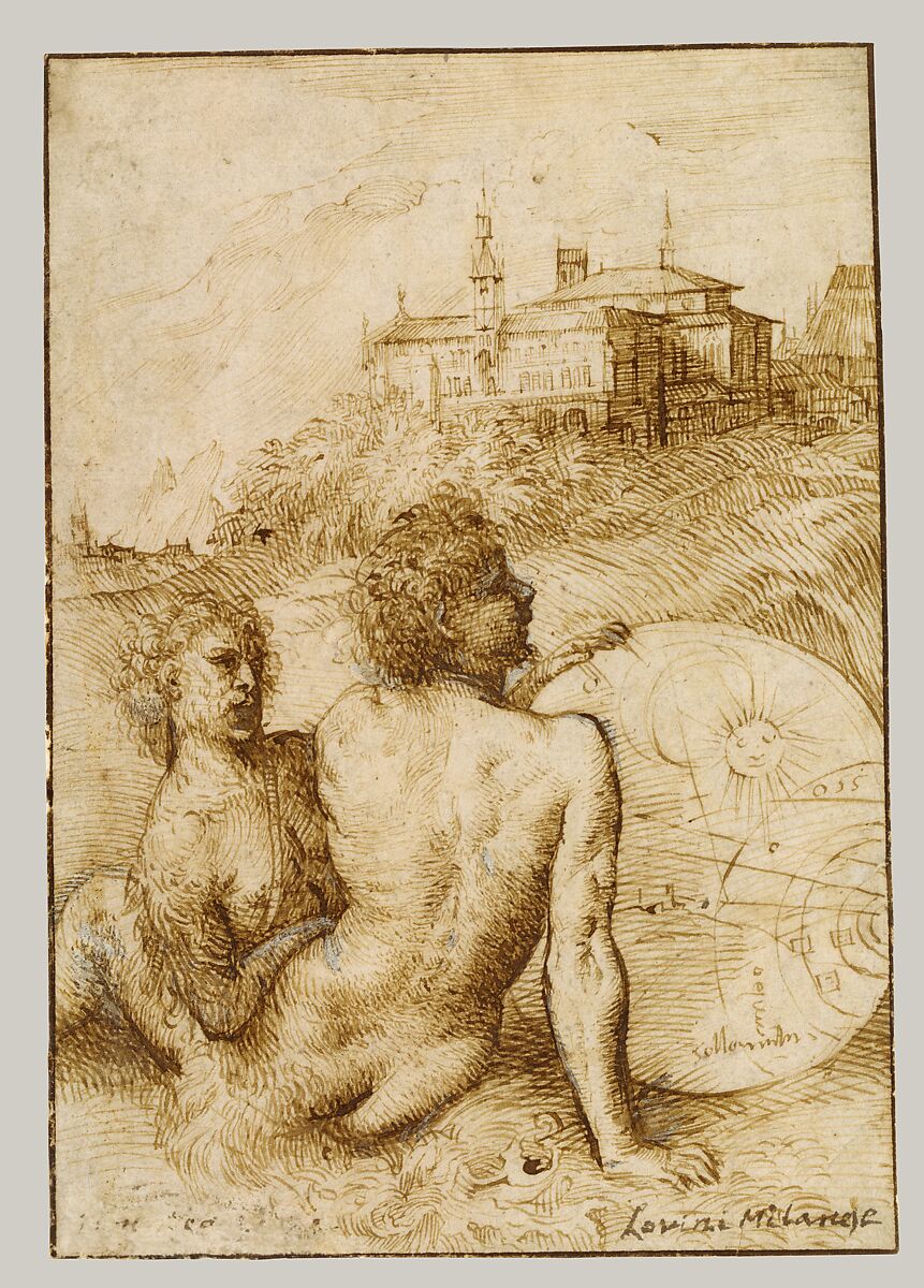 Two Satyrs in a Landscape, Titian (Tiziano Vecellio) (Italian, Pieve di Cadore ca. 1485/90?–1576 Venice), Pen and brown ink, highlighted with white gouache on fine, off-white laid paper