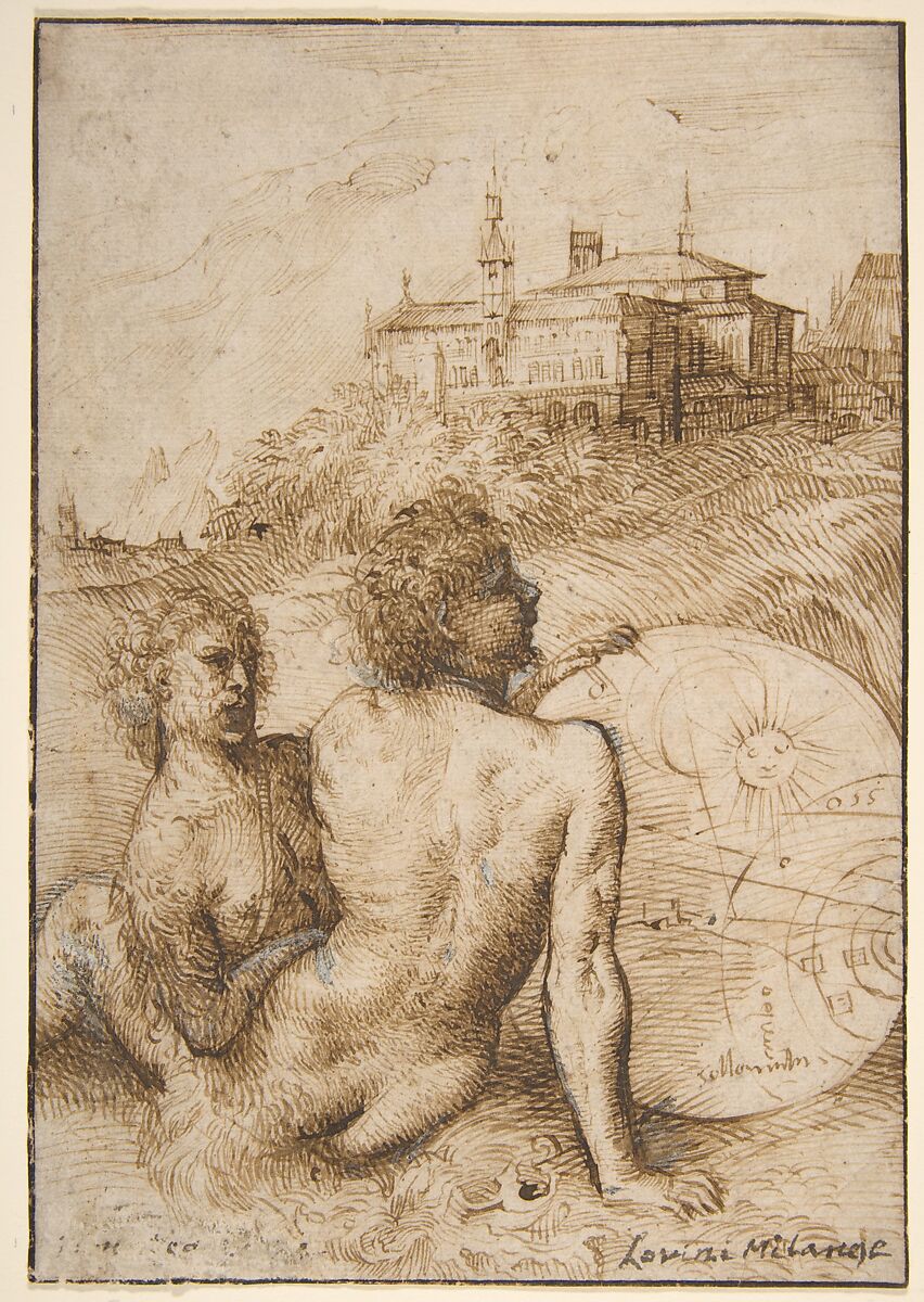 Two Satyrs in a Landscape, Titian (Tiziano Vecellio) (Italian, Pieve di Cadore ca. 1485/90?–1576 Venice), Pen and brown ink, highlighted with white gouache on fine, off-white laid paper 