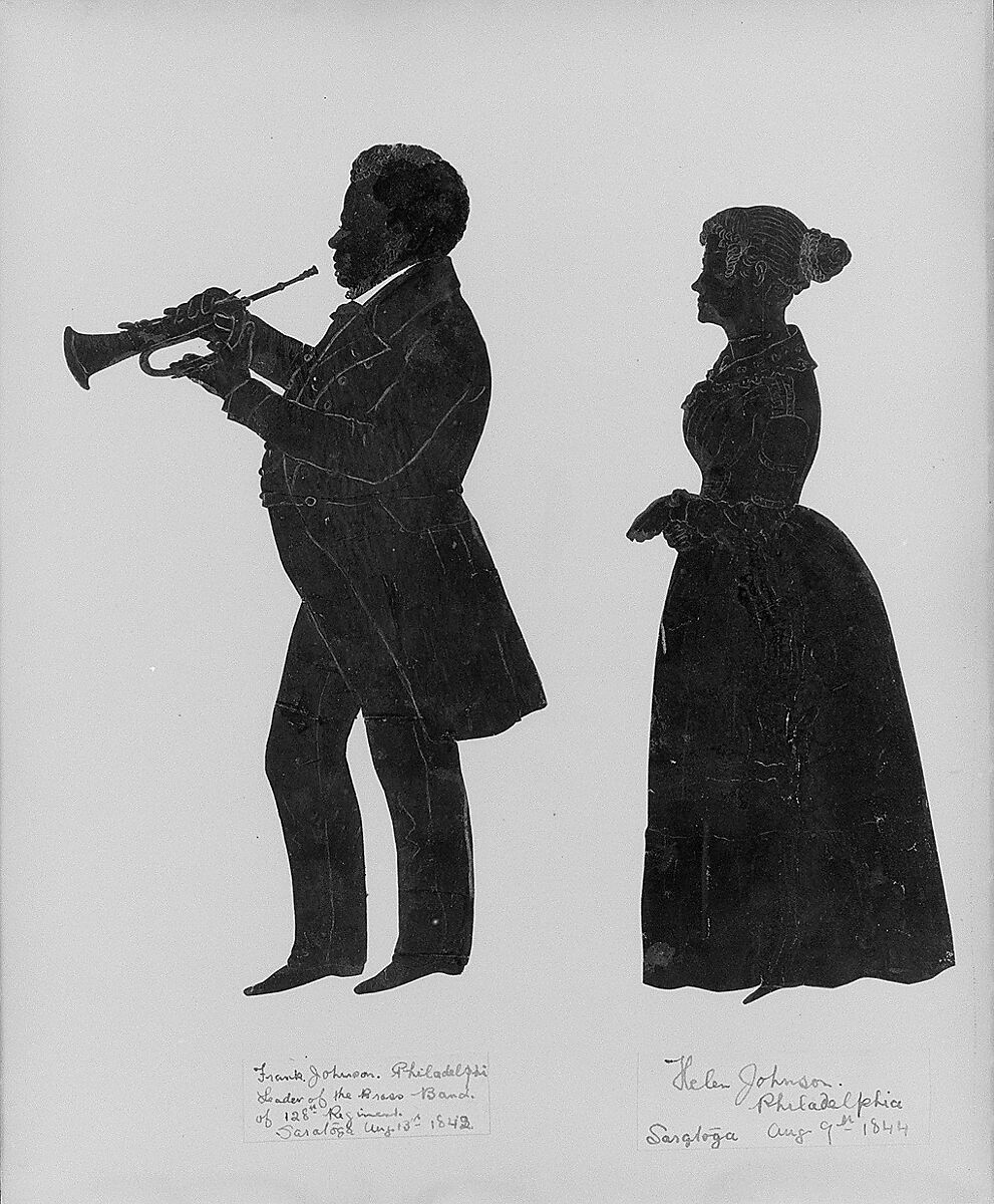 Frank Johnson, Leader of the Brass Band of the 128th Regiment in Saratoga, with his wife, Helen, Auguste Edouart (French, 1789–1861), Cut paper silhouettes mounted on board